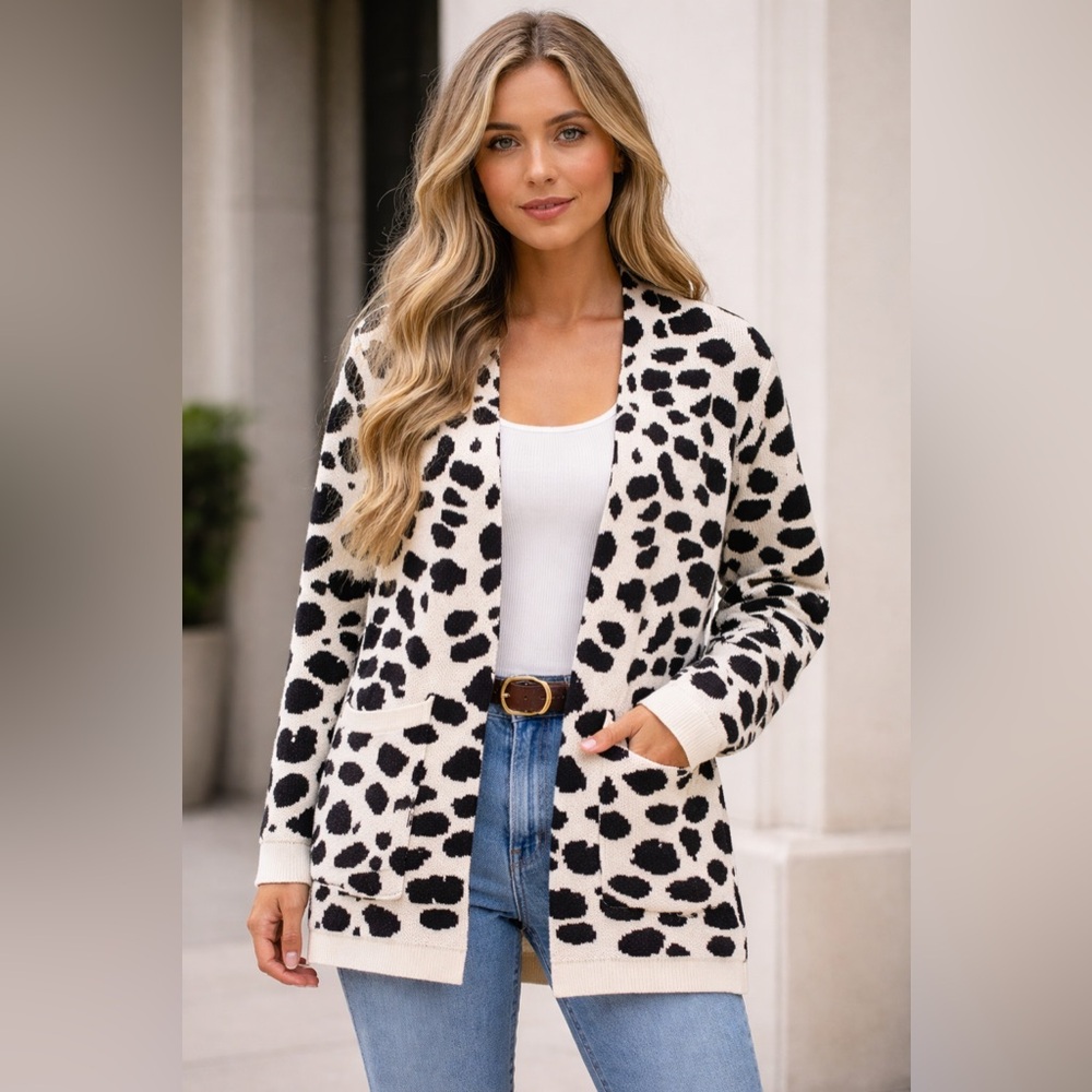 374. Staccato Long Length Leopard Print Knit Cardigan